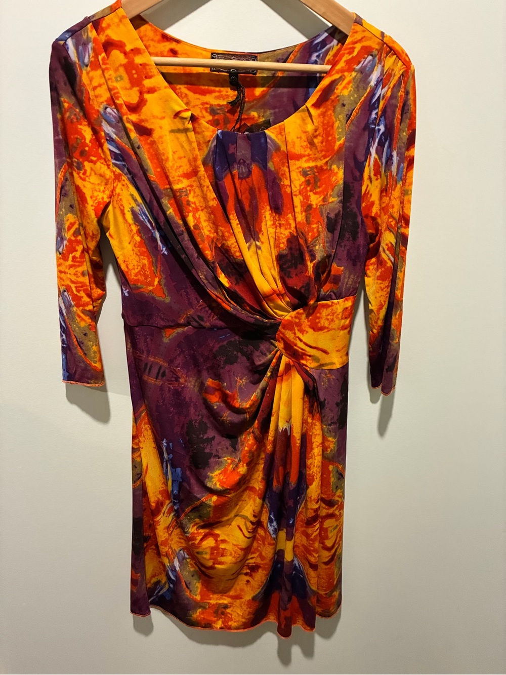 555 Los Angeles Abstract Orange & Purple Draped Knot Dress Medium